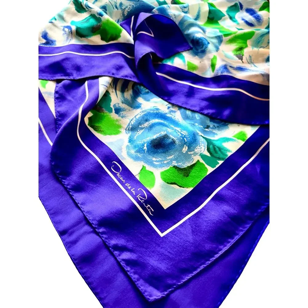 Vintage Oscar de la Renta Silk Scarf 1990s Blue Green Rose Floral 34x34 Square